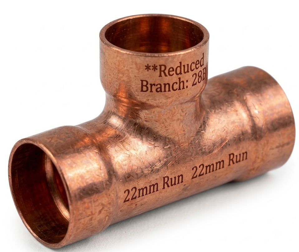 Professional Endfeed Copper Bull Nose Reducing Tee (22mm x 22mm x 28mm)