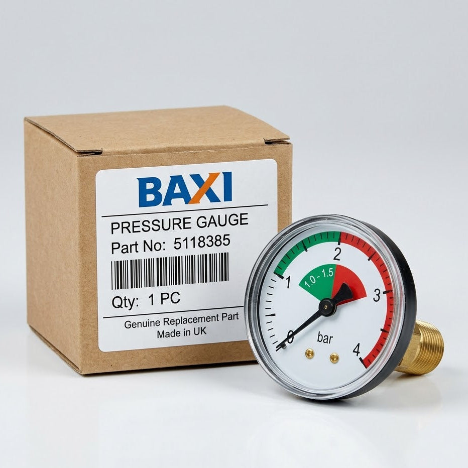 Genuine Baxi 5118385 Boiler Pressure Gauge – 1.0 to 1.5 Bar Optimal Range