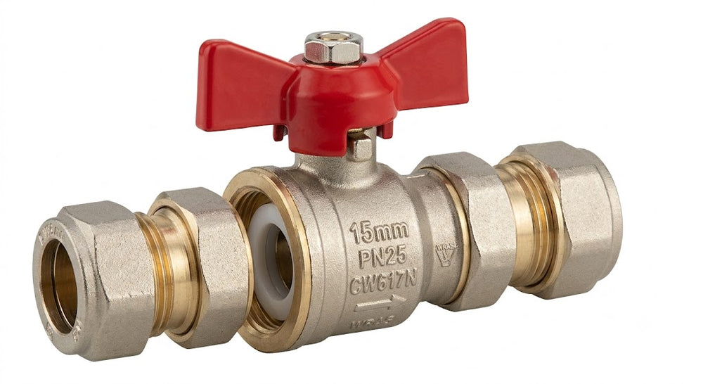 Red Butterfly Handle Ball Valve - Brass Compression Fitting