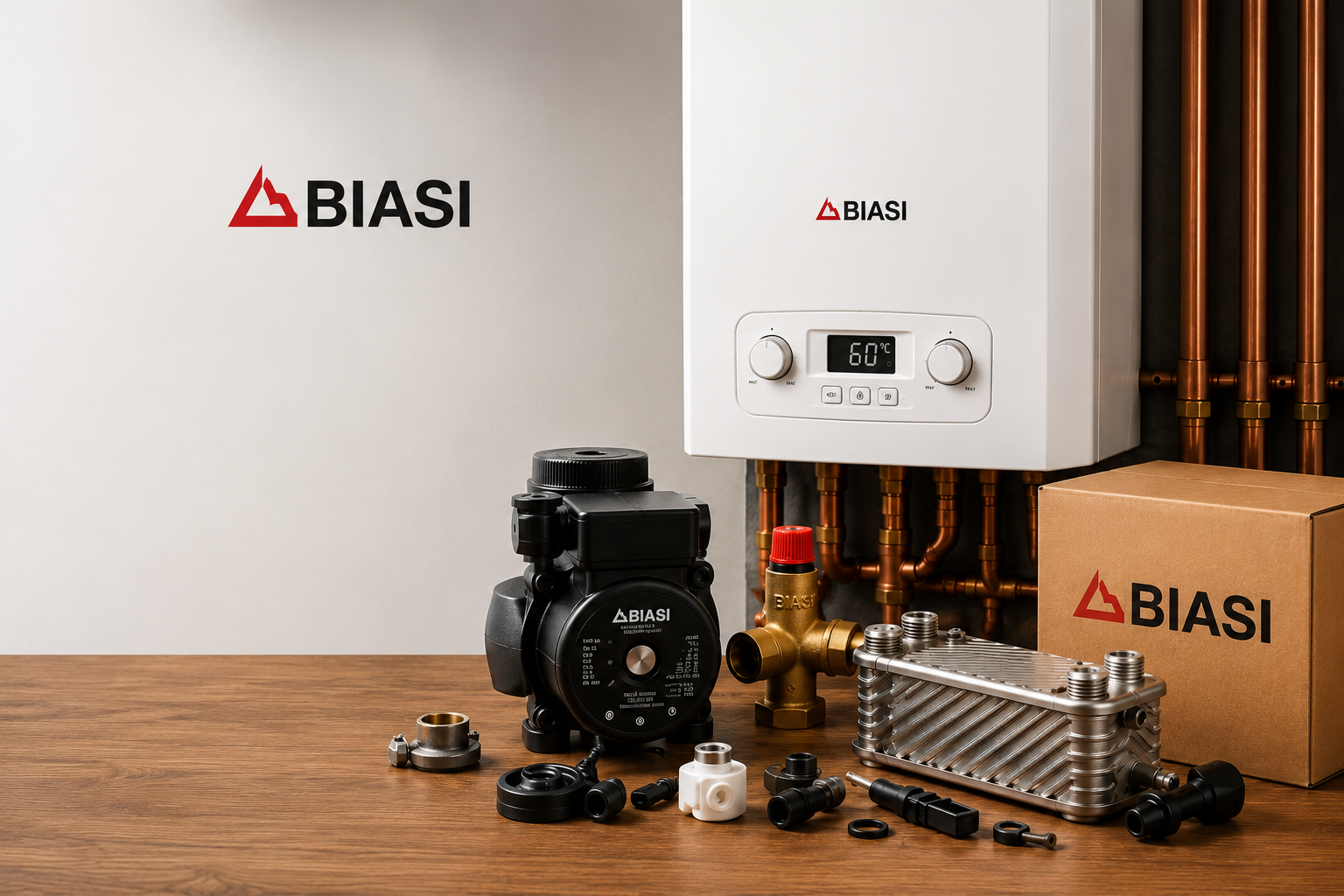 Biasi boiler with spare parts and a genuine parts box
